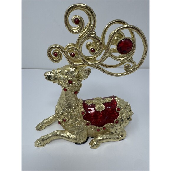 Vintage Dillard's Trimmings Collection Pewter Christmas Deer Jewels Red Gold - Picture 3 of 5